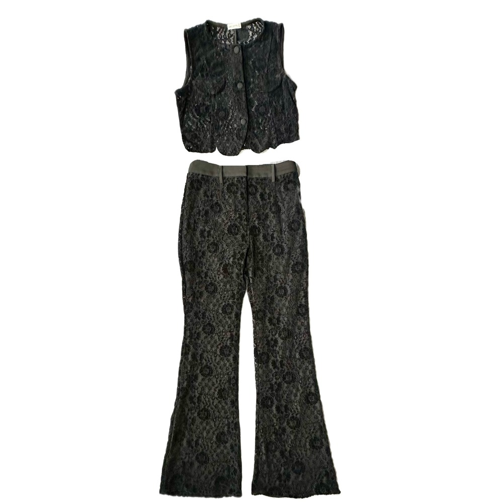 Avec Les Filles Black Floral Velvet  2 Piece Set Crop Vest and Flare Pants Small